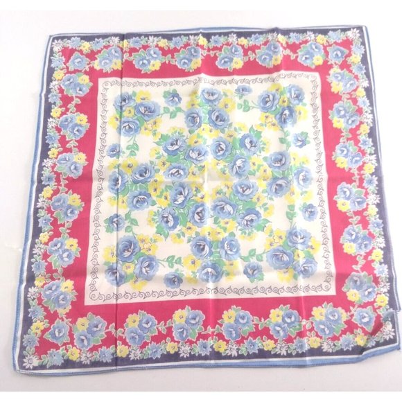 Women's Vintage Handkerchief Hankie Blue Roses Yellow Flowers Red Border Retro - Picture 1 of 3